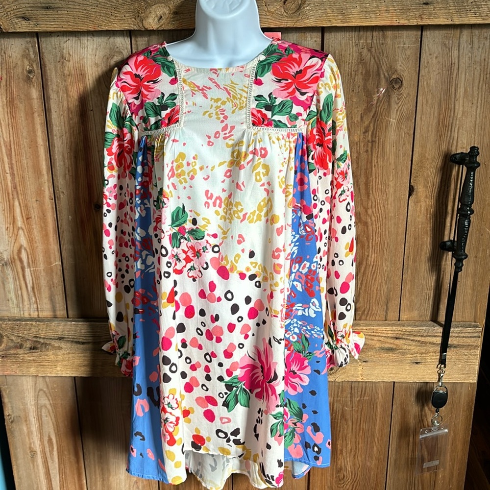 Umgee NWOT mixed print, crochet, ruffle dress